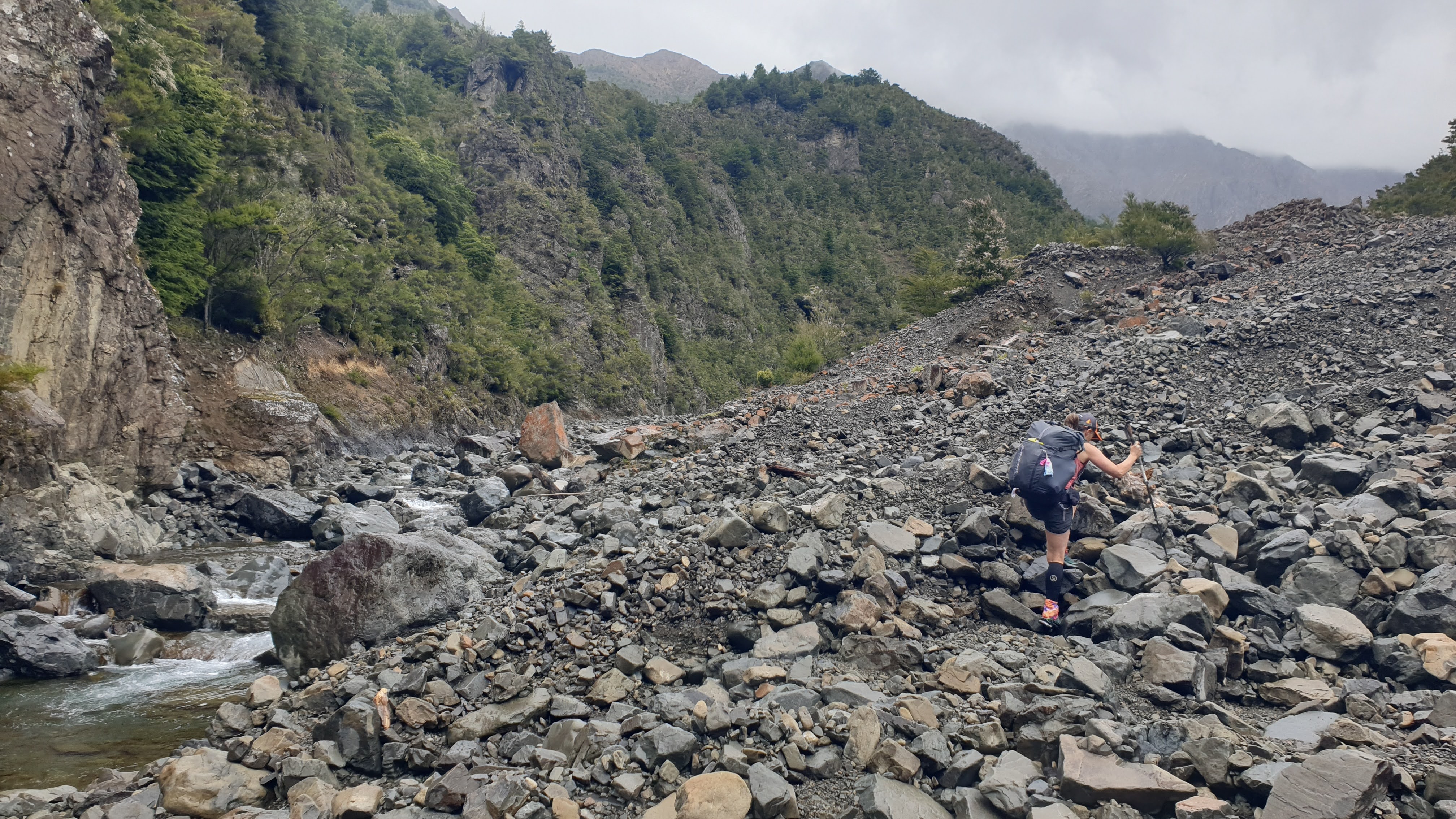 Debris piled up on the true left bank of Gosling Stream towards Gosling Hut