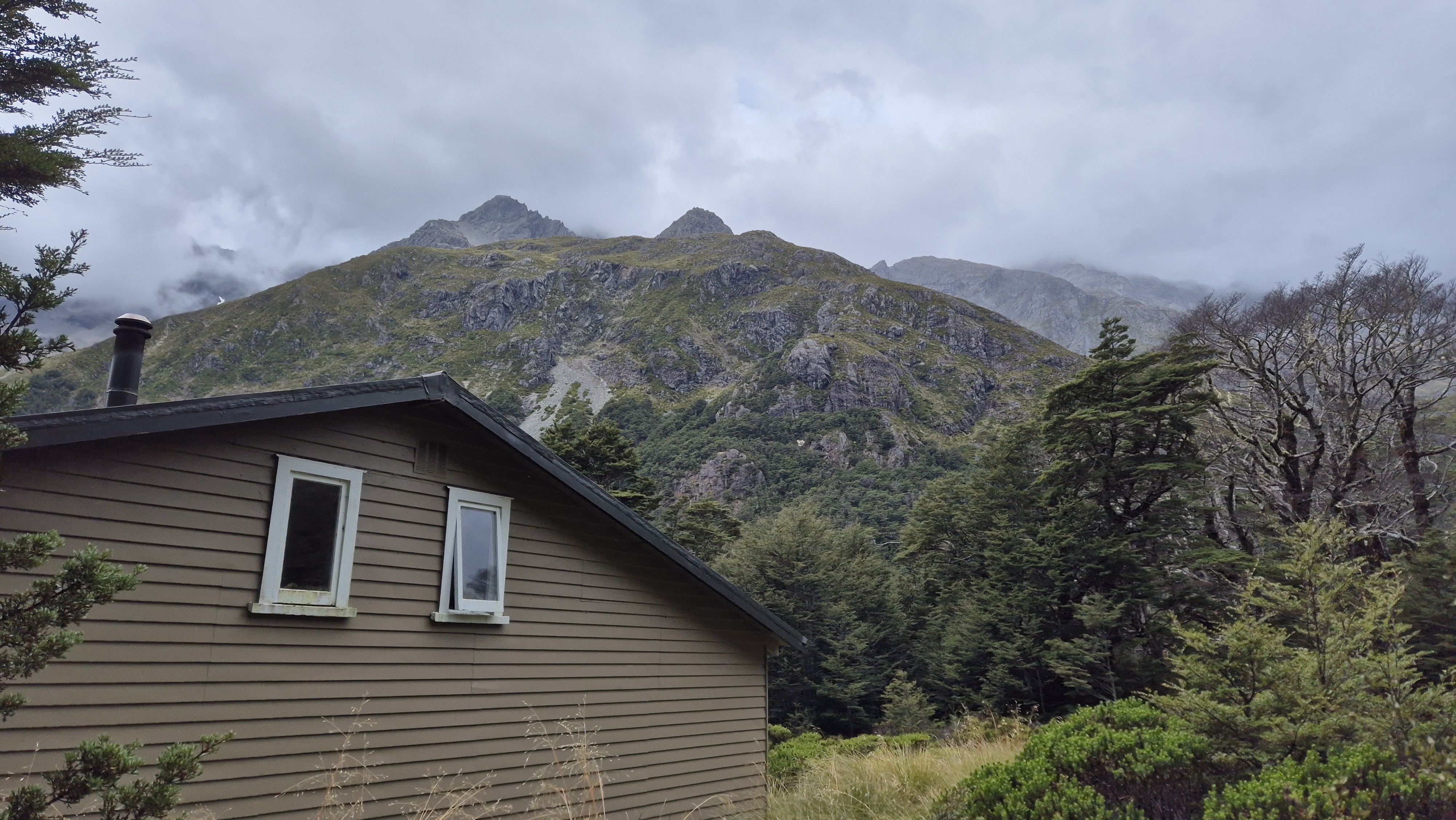 Blue Lake hut looking up to the start of the Moss Pass route