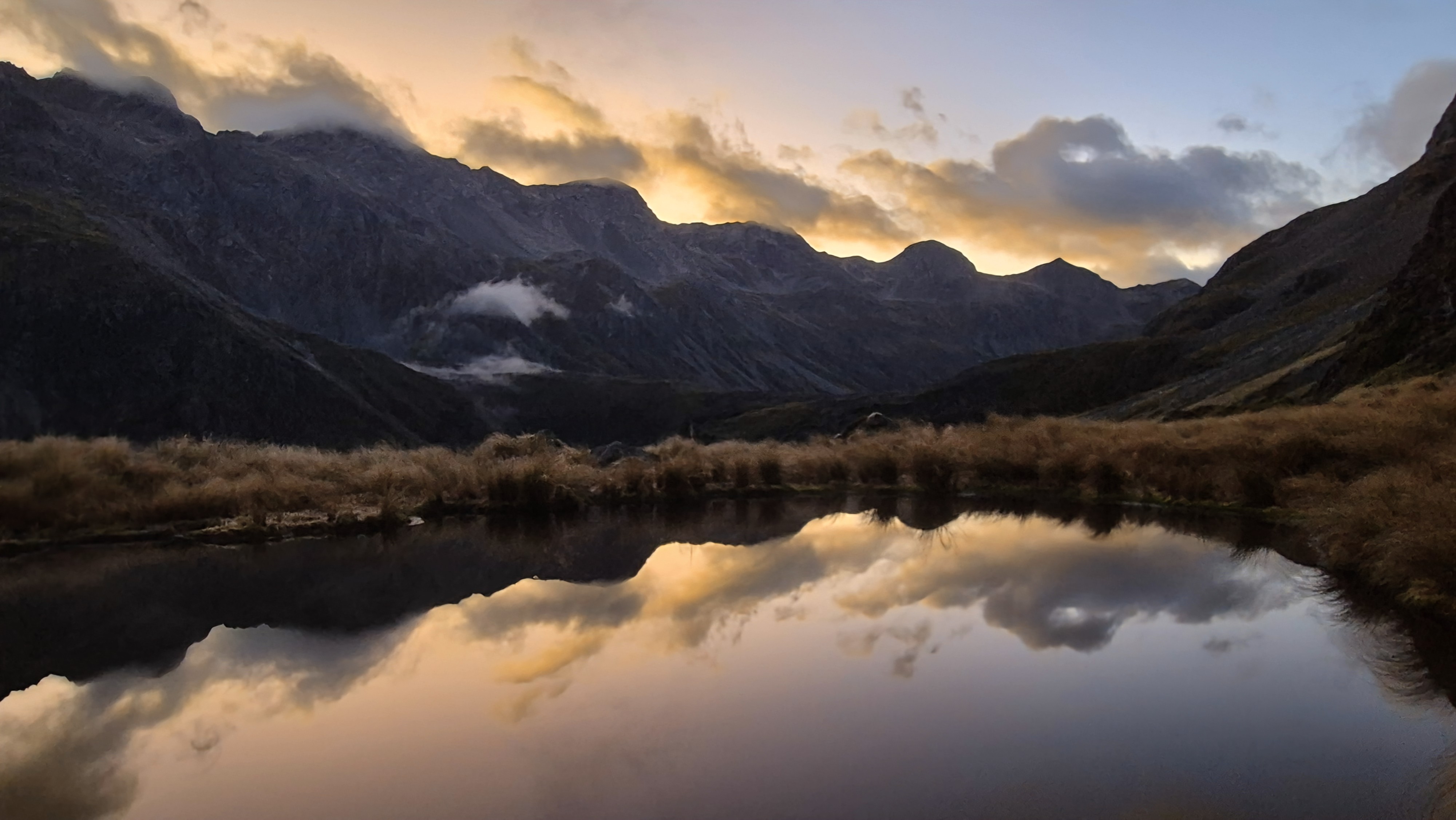Early morning at the tarns above Blue Lake hut, Moss Pass route