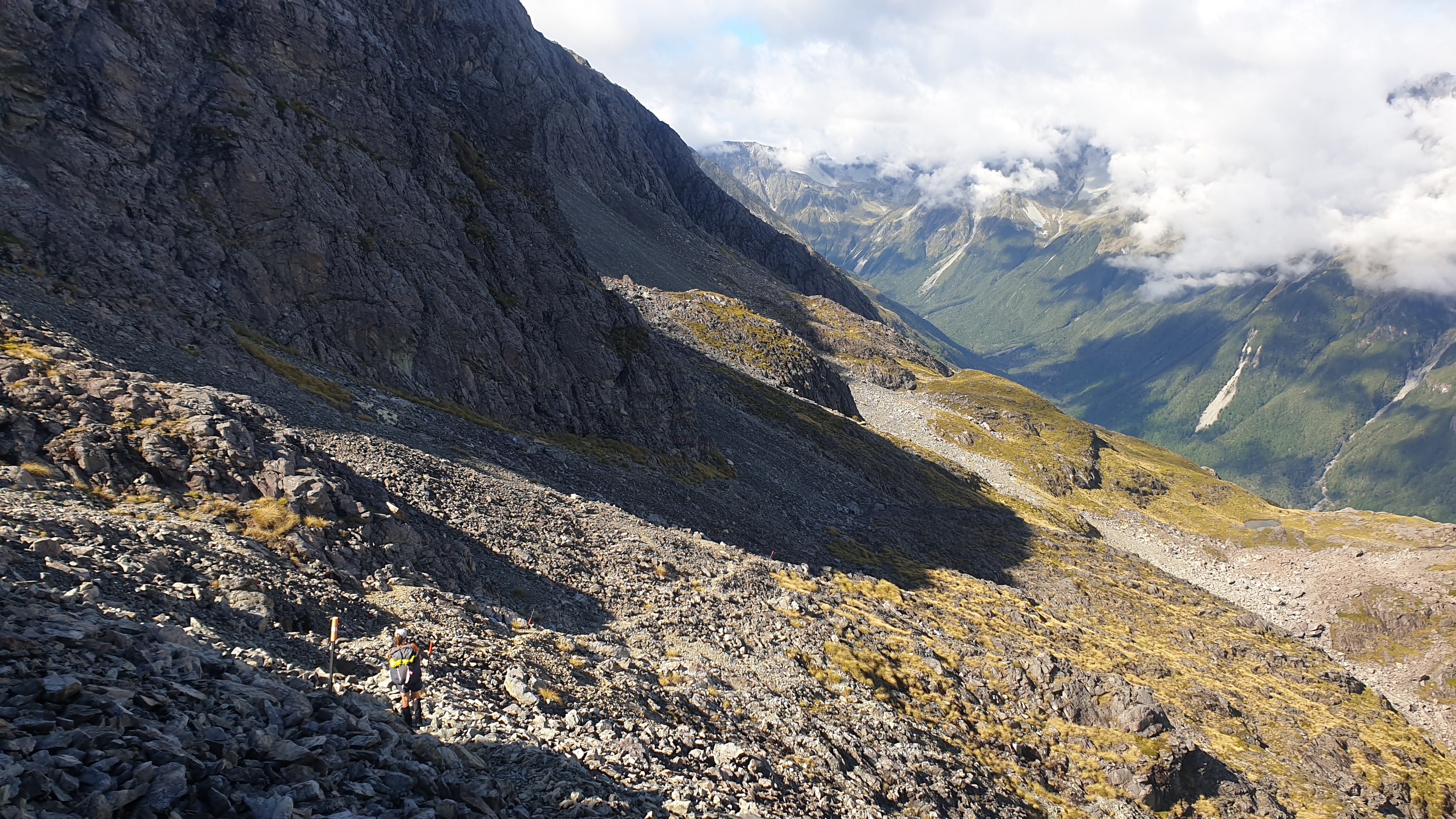 Starting the descent from Moss Pass into the D'Urville