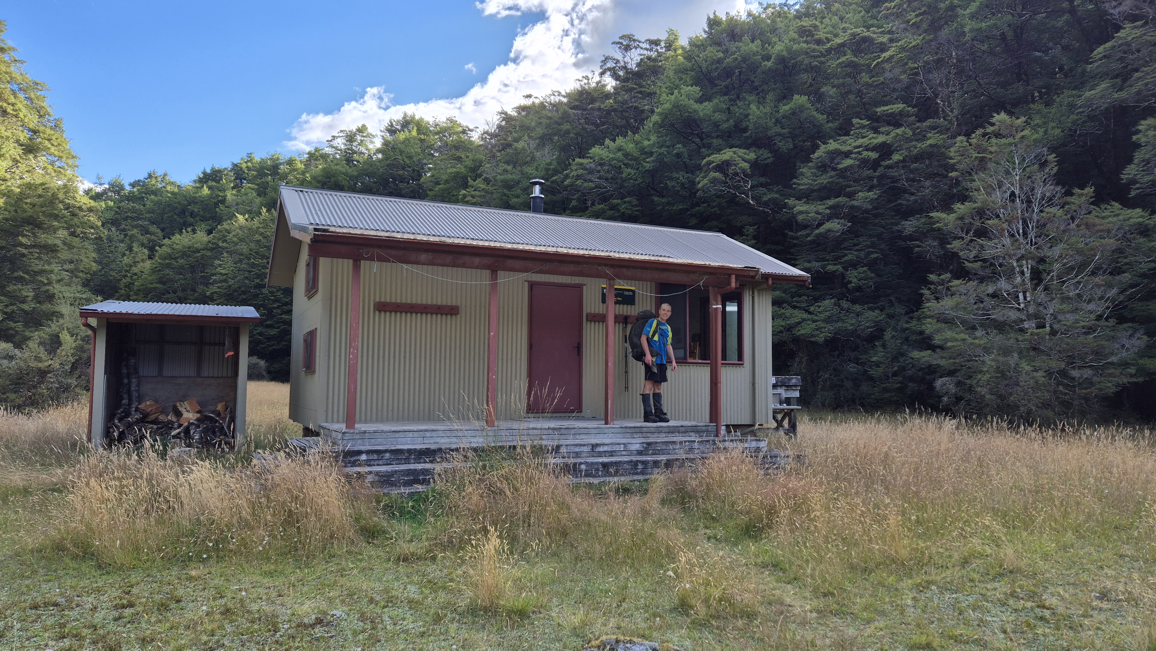 Relieved to arrive at Morgan hut, Moss Pass tramp
