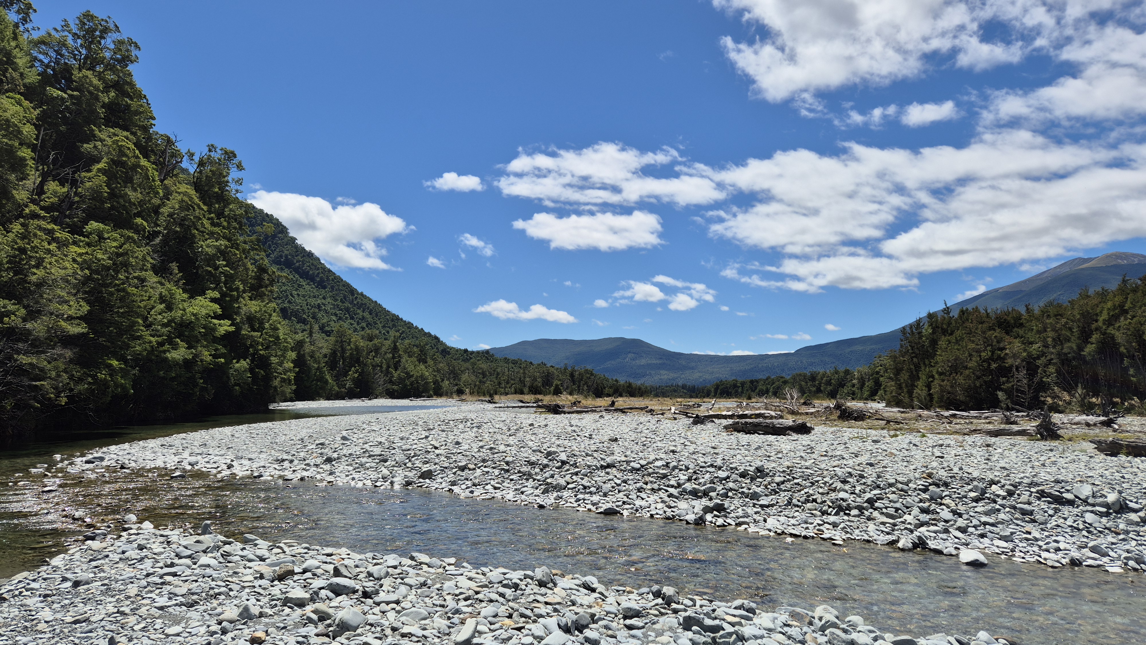 Walking the river towards D'Urville hut, Moss Pass tramp