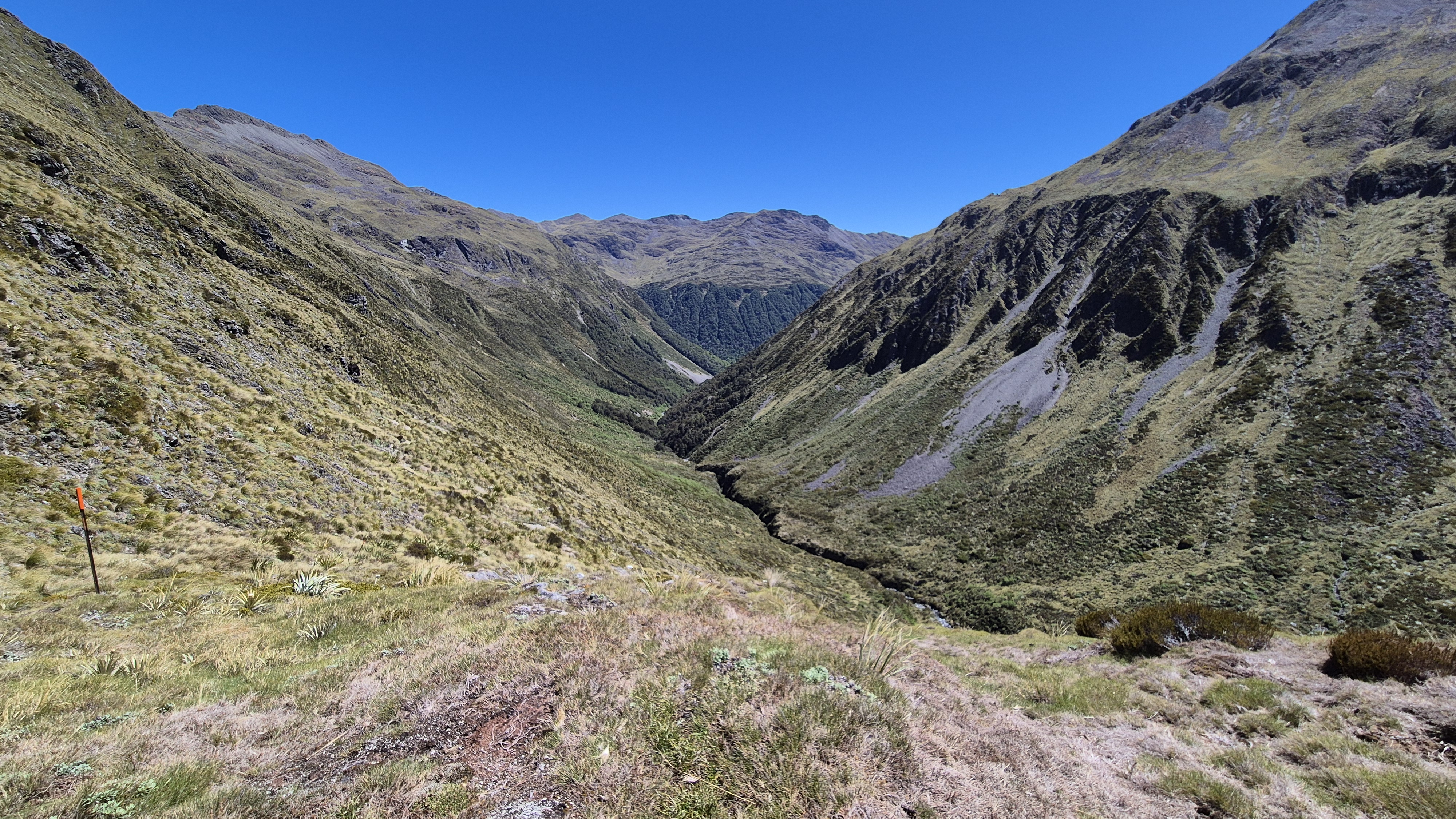 Heading towards Lake Christabel from the Robinson saddle