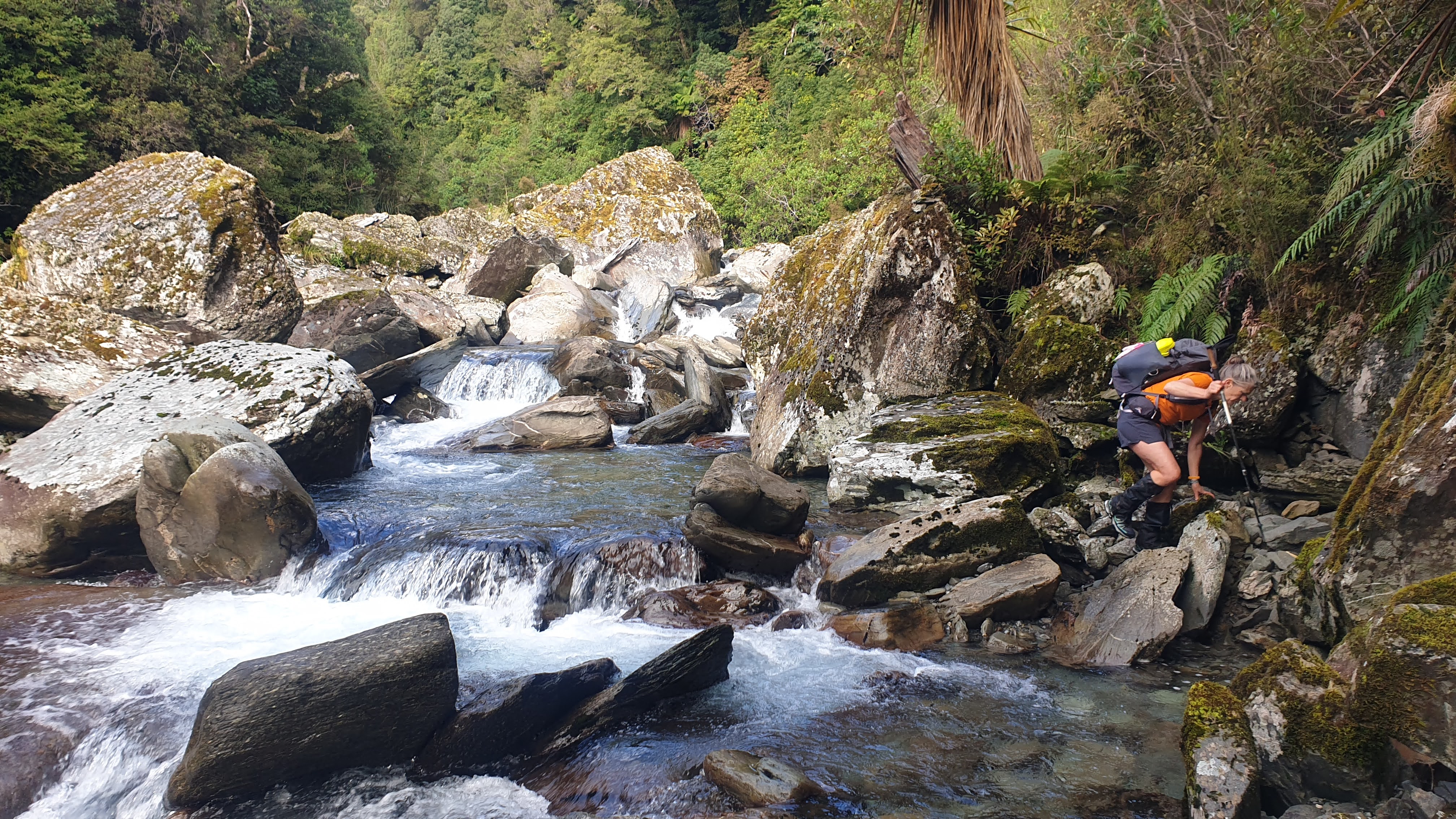 Over the boulders heading down Cone Creek. Lake Morgan Cone Creek loop