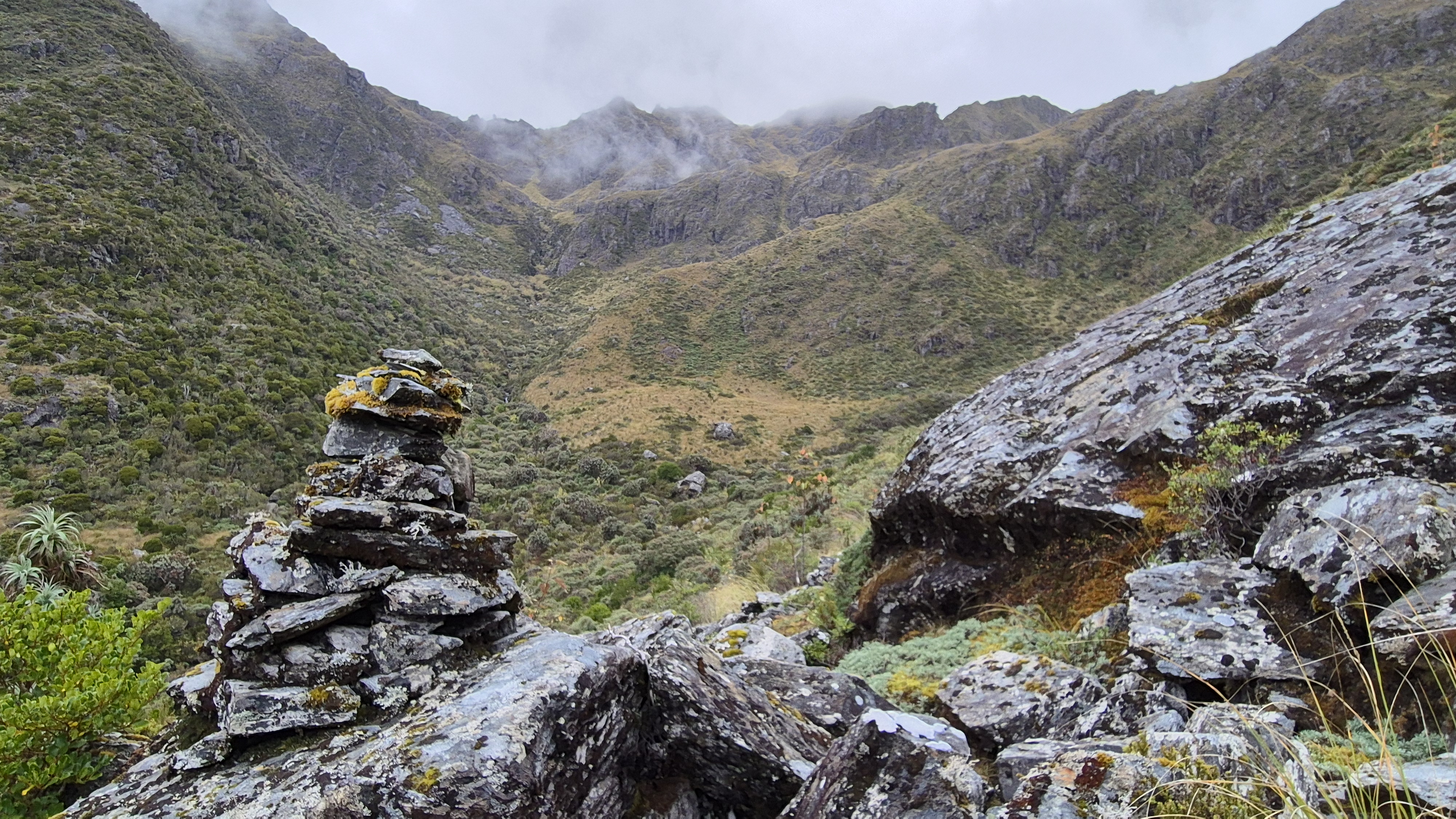 From the marked route above Cone Creek looking back towards the tongue of tussock we'd made our way down earlier